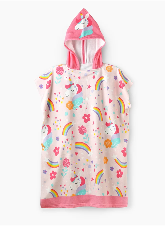 babyqlo Pink Hooded Kids Towel with unicorns and rainbows