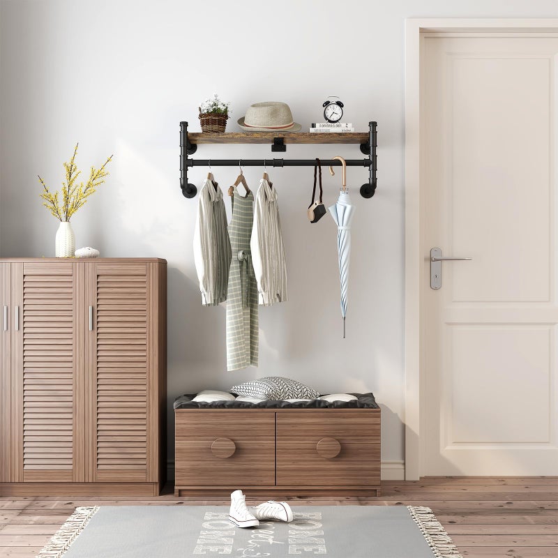 OLDRAINBOW Industrial Pipe Clothing Rack with Shelves,Wall Mounted Clothes Rack with Shelf with Hanging Rod,27.5'' Pipe Shelving Floating Shelves Garment Rack - Image 2