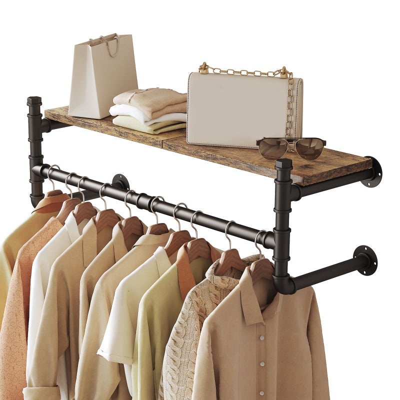 OLDRAINBOW Industrial Pipe Clothing Rack with Shelves,Wall Mounted Clothes Rack with Shelf with Hanging Rod,27.5'' Pipe Shelving Floating Shelves Garment Rack - Image 1