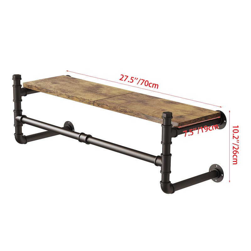 OLDRAINBOW Industrial Pipe Clothing Rack with Shelves,Wall Mounted Clothes Rack with Shelf with Hanging Rod,27.5'' Pipe Shelving Floating Shelves Garment Rack - Image 5