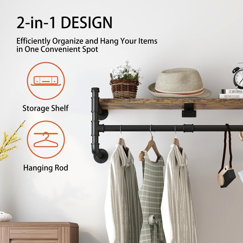 OLDRAINBOW Industrial Pipe Clothing Rack with Shelves,Wall Mounted Clothes Rack with Shelf with Hanging Rod,27.5'' Pipe Shelving Floating Shelves Garment Rack - Image 3