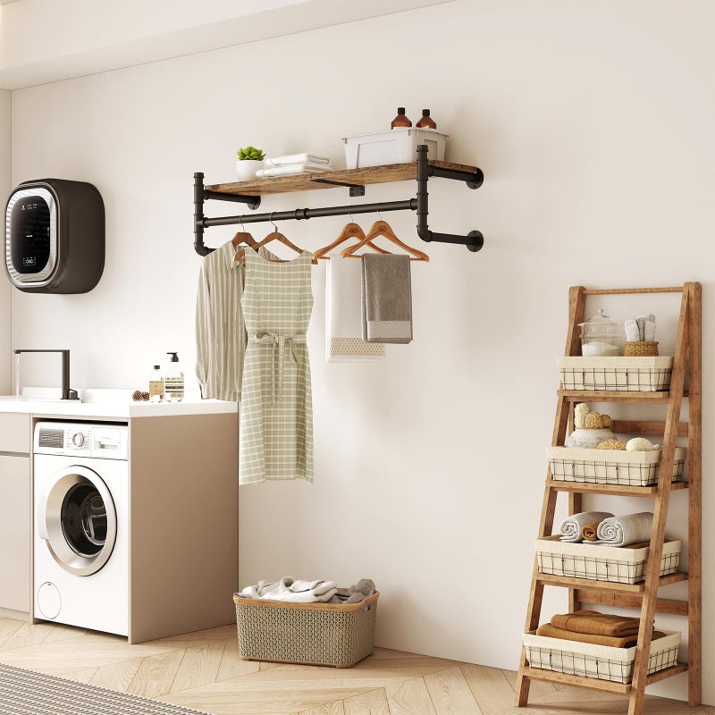 OLDRAINBOW Industrial Pipe Clothing Rack with Shelves,Wall Mounted Clothes Rack with Shelf with Hanging Rod,27.5'' Pipe Shelving Floating Shelves Garment Rack - Image 4