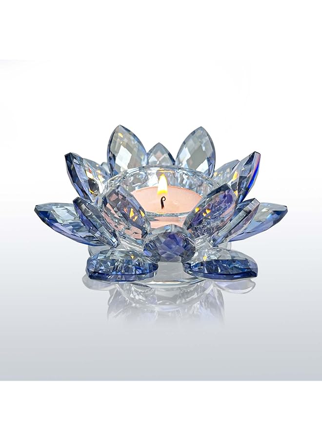 The Bros Crystal Lotus Flower Tealight Candle Holders/Glass Tea Light Candlestick Decor Decoration for Christmas Home Wedding Party (Blue 1pcs)  - Image 1