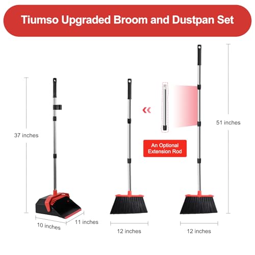 Tiumso Upgrade Broom with Dustpan Combo Set, Broom and Dustpan Set with 51'' Long Handle, Dust Pan and Brooms, ZeroGap Lip, Self-Cleaning Dustpans Teeth for Lobby Kitchen Restaurant - Black and Red - Image 2