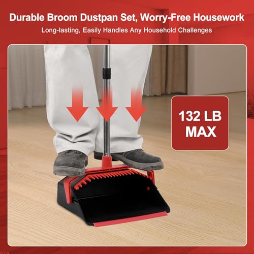 Tiumso Upgrade Broom with Dustpan Combo Set, Broom and Dustpan Set with 51'' Long Handle, Dust Pan and Brooms, ZeroGap Lip, Self-Cleaning Dustpans Teeth for Lobby Kitchen Restaurant - Black and Red - Image 3