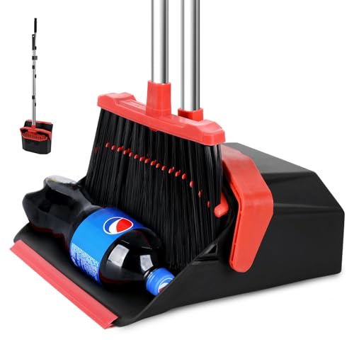 Tiumso Upgrade Broom with Dustpan Combo Set, Broom and Dustpan Set with 51'' Long Handle, Dust Pan and Brooms, ZeroGap Lip, Self-Cleaning Dustpans Teeth for Lobby Kitchen Restaurant - Black and Red - Image 1