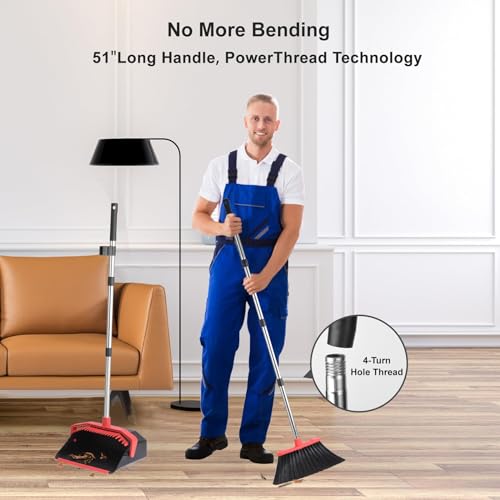 Tiumso Upgrade Broom with Dustpan Combo Set, Broom and Dustpan Set with 51'' Long Handle, Dust Pan and Brooms, ZeroGap Lip, Self-Cleaning Dustpans Teeth for Lobby Kitchen Restaurant - Black and Red - Image 5