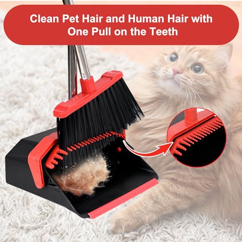 Tiumso Upgrade Broom with Dustpan Combo Set, Broom and Dustpan Set with 51'' Long Handle, Dust Pan and Brooms, ZeroGap Lip, Self-Cleaning Dustpans Teeth for Lobby Kitchen Restaurant - Black and Red - Image 4