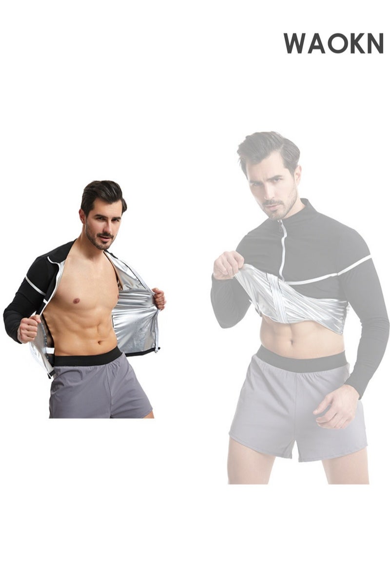 WAOKN Sauna Suit for Men Sweat - Long Sleeve Shirt Jacket Workout Body Shaper Zipper Top Slimming Fitness Trainer Gym Sleeve Sleeve Sauna Shirt Modern Trainer 2 in 1 Slimming Full Body Shaper Workout Top Shape Weight Loss Zipper Jacket Long Sleeve,Gym Workout Tops Body Shaper Sweat Suits - Image 1
