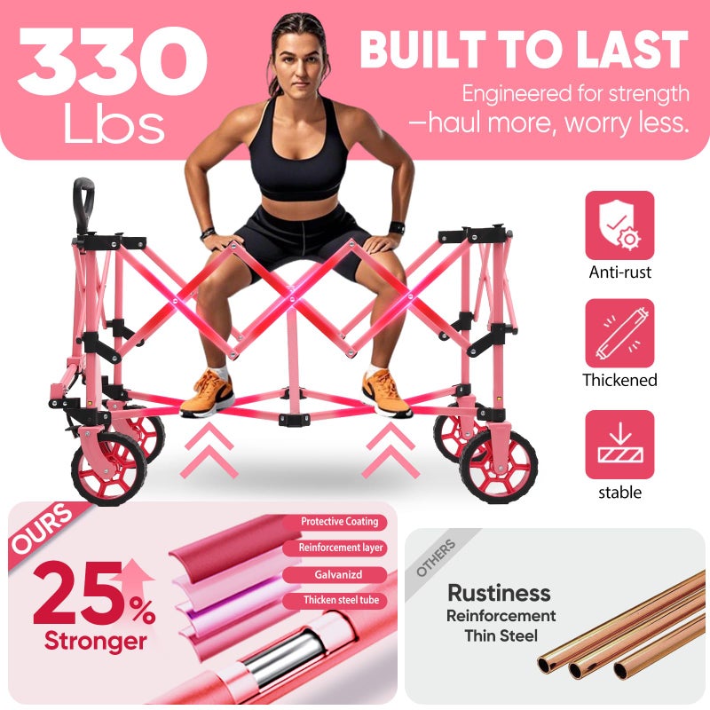Sekey Pink Collapsible Foldable Wagon with 330lbs Weight Capacity, Heavy Duty Folding Wagon Cart with Big All-Terrain Wheels & Drink Holders. Pink - Image 5