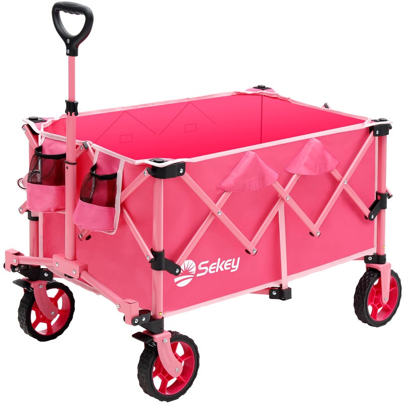 Sekey Pink Collapsible Foldable Wagon with 330lbs Weight Capacity, Heavy Duty Folding Wagon Cart with Big All-Terrain Wheels & Drink Holders. Pink - Image 1