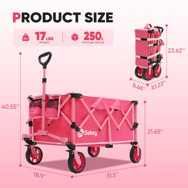 Sekey Pink Collapsible Foldable Wagon with 330lbs Weight Capacity, Heavy Duty Folding Wagon Cart with Big All-Terrain Wheels & Drink Holders. Pink - Image 2