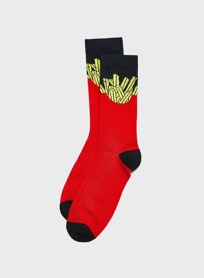 FOREVER 21 French Fry Print Crew Socks