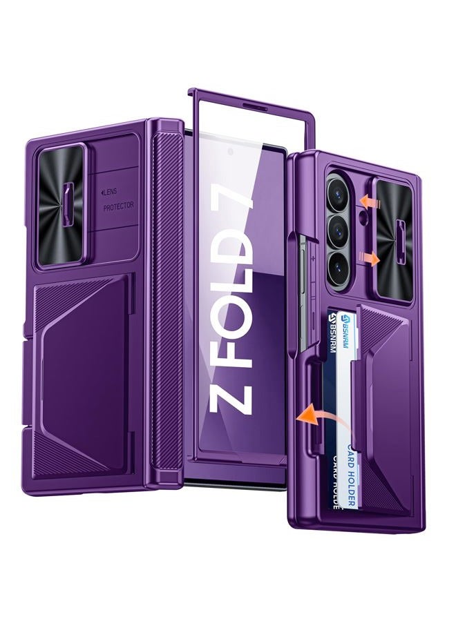 BSNRM for Samsung Galaxy Z Fold 7 Case with Card Holder RFID Blocking, Built in Slide Lens Cover & Hinge Protection & Screen Protector, Shockproof Wallet Case for Z Fold 7 (Purple) - Image 1