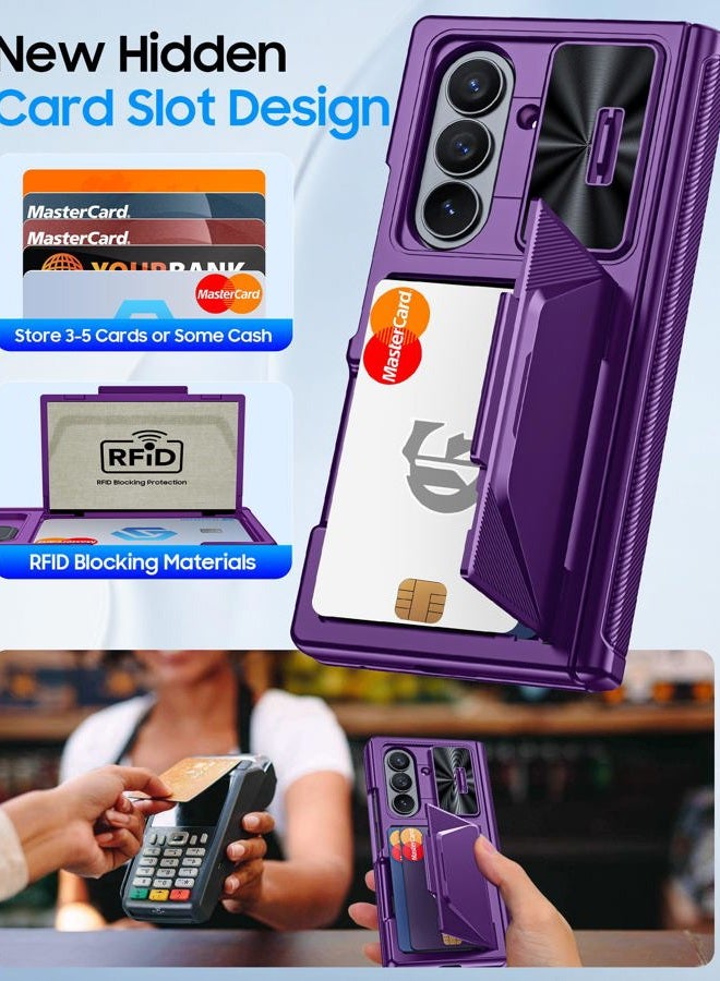 BSNRM for Samsung Galaxy Z Fold 7 Case with Card Holder RFID Blocking, Built in Slide Lens Cover & Hinge Protection & Screen Protector, Shockproof Wallet Case for Z Fold 7 (Purple) - Image 3