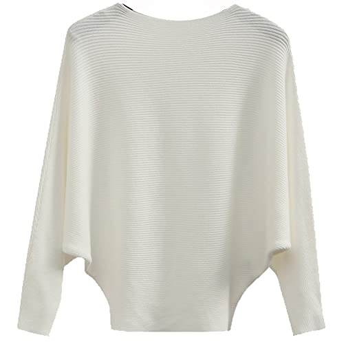 Ckikiou Womens Lightweight Oversized Boat Neck Sweaters Tops Dolman Batwing Sleeve Ribbed Knitted Pullovers White - Image 1