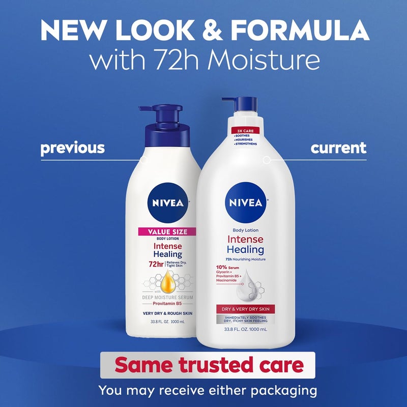 NIVEA Intense Healing Body Lotion for Very Dry, Itchy Skin with Glycerin, Provitamin B5 and Niacinamide, 72-Hour Body Moisturizer, 33.8 Fl Oz Value Size Pump Bottle - Image 2