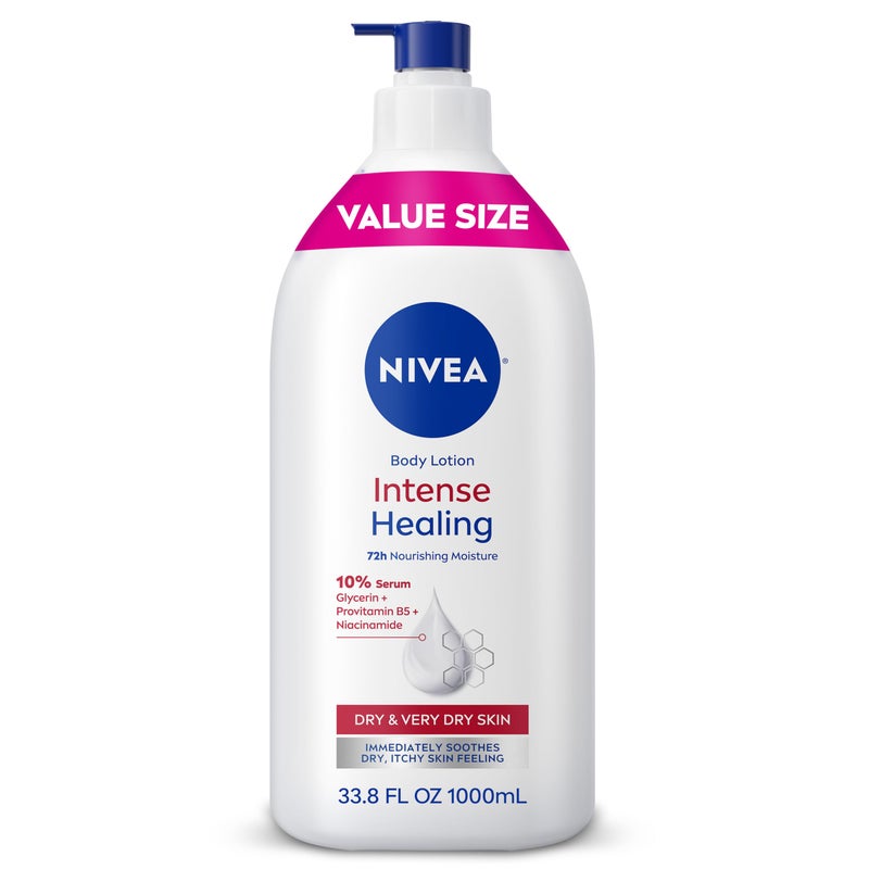 NIVEA Intense Healing Body Lotion for Very Dry, Itchy Skin with Glycerin, Provitamin B5 and Niacinamide, 72-Hour Body Moisturizer, 33.8 Fl Oz Value Size Pump Bottle - Image 1