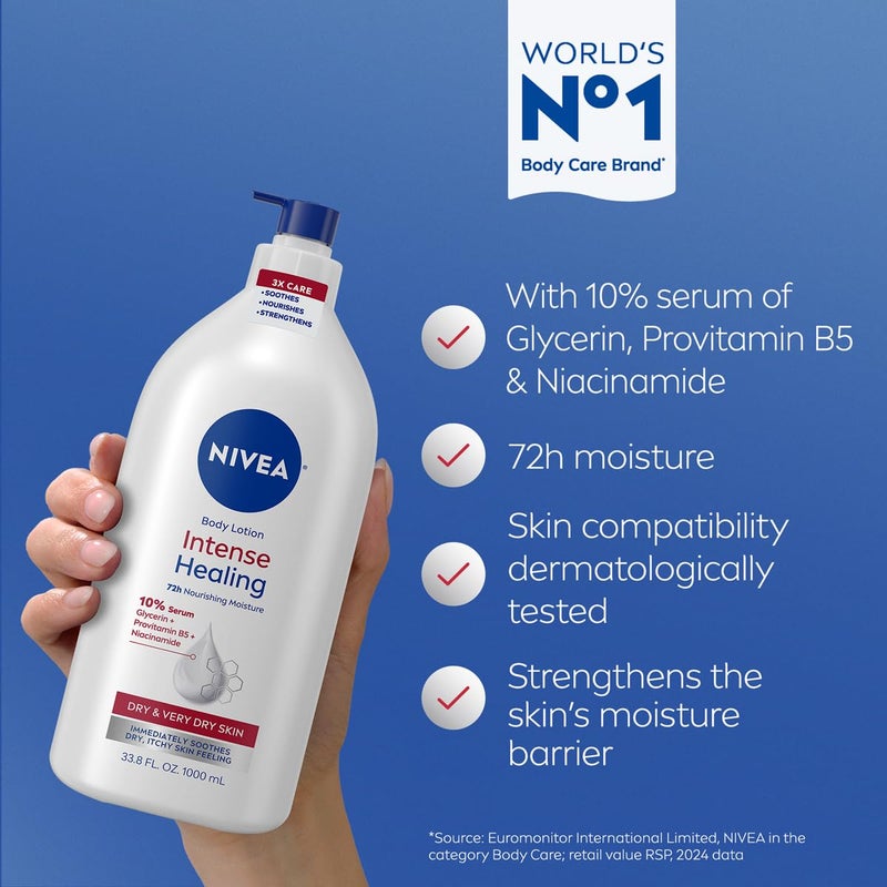 NIVEA Intense Healing Body Lotion for Very Dry, Itchy Skin with Glycerin, Provitamin B5 and Niacinamide, 72-Hour Body Moisturizer, 33.8 Fl Oz Value Size Pump Bottle - Image 3