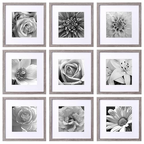 eletecpro 12x12 Picture Frames Set of 9 with Mat for 8x8 Photos or without Mat for 12x12, Square Gallery Wall Decor Collage for Picture Display, Grey Frame Set for Wall Hanging - Image 1