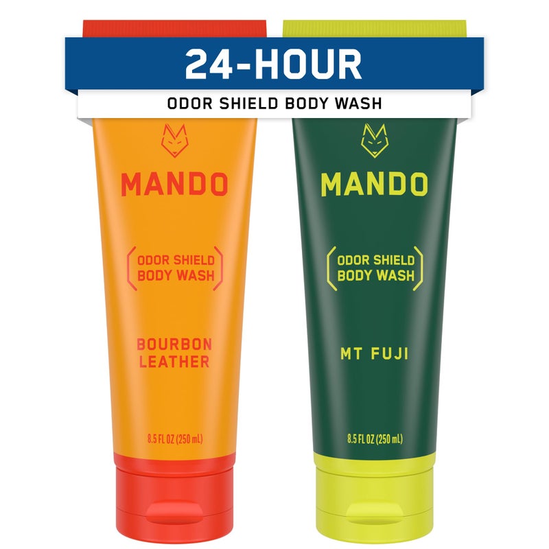 Mando Acidified Body Wash - 24 Hour Odor Control - Removes Odor Better than Soap - Formulated without SLS or Phthalates - Skin Safe - 8.5 Ounce (Pack of 2) - Bourbon Leather and Mt Fuji - Image 1
