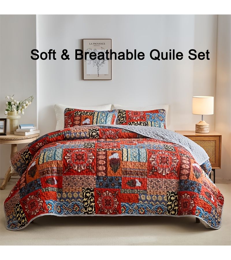 A 3pc Bedding Set Includes Red Full Queen Bed Cover And Pillowcases Traditional Patterns Lightweight Thin Bedspread Soft Comfortable Durable Suitable For Spring Summer All Seasons Ideal For Bedrooms - Image 1