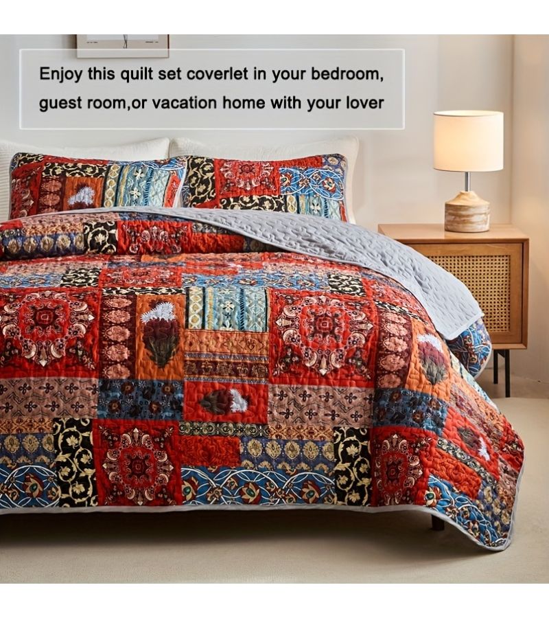 A 3pc Bedding Set Includes Red Full Queen Bed Cover And Pillowcases Traditional Patterns Lightweight Thin Bedspread Soft Comfortable Durable Suitable For Spring Summer All Seasons Ideal For Bedrooms - Image 2