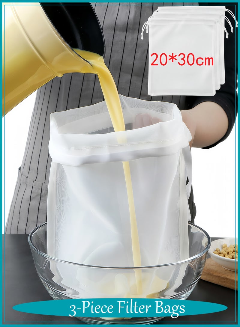 ميكو 3 قطع أكياس تصفية حليب الصويا، كيس فلتر عصائر 200 مش، قماش تصفية نايلون 20x30 سم، قابل لإعادة الاستخدام للقهوة الباردة وحليب المكسرات - Image 1