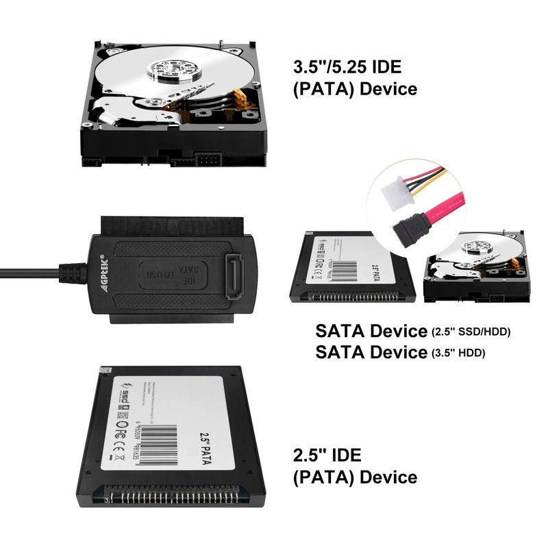 Microware كابل محول USB 2.0 لقرص SATA/PATA/IDE لقرص صلب 2.5''/3.5'' مع محول طاقة خارجي، أسود - Image 4