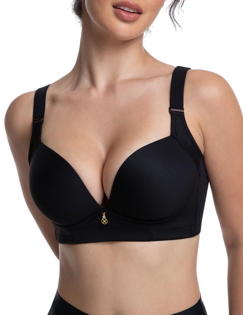 FallSweet Wireless Add 2 Cups Padded Plunge Bras Back Smoothing Push Up Brasieres, Black, 42C - Image 1