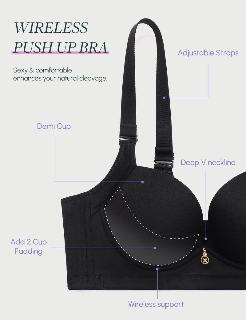 FallSweet Wireless Add 2 Cups Padded Plunge Bras Back Smoothing Push Up Brasieres, Black, 42C - Image 5