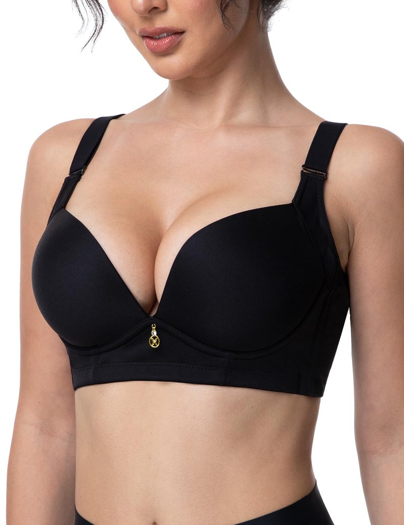 FallSweet Wireless Add 2 Cups Padded Plunge Bras Back Smoothing Push Up Brasieres, Black, 42C - Image 2