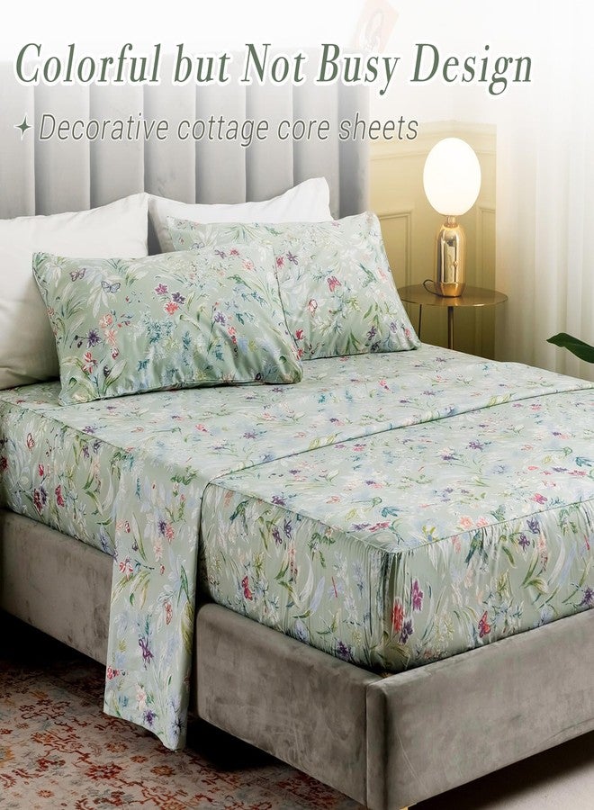 Lady Ann Green Floral Queen Sheets 100% Egyptian Cotton Sateen Sheets for Queen Size Bird Butterfly Botanical Print Floral Bed Sheets Extra Deep Pocket 17'' - Image 4
