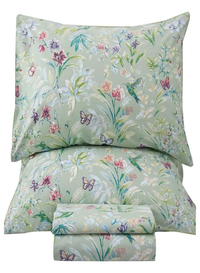 Lady Ann Green Floral Queen Sheets 100% Egyptian Cotton Sateen Sheets for Queen Size Bird Butterfly Botanical Print Floral Bed Sheets Extra Deep Pocket 17'' - Image 1