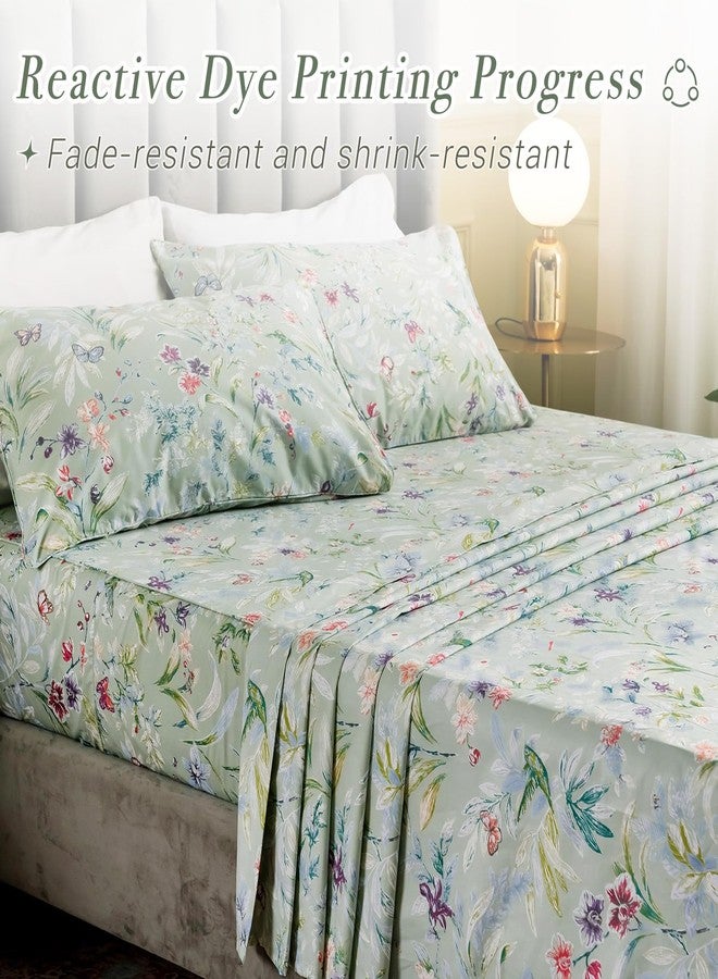 Lady Ann Green Floral Queen Sheets 100% Egyptian Cotton Sateen Sheets for Queen Size Bird Butterfly Botanical Print Floral Bed Sheets Extra Deep Pocket 17'' - Image 5