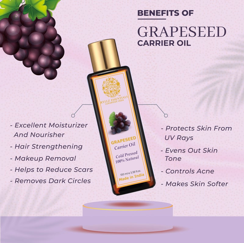 RYLLZ ESSENTIALS Grapeseed Carrier Oil for Hair Growth, Acne, Pimple, Face Massage, Glowing, Radiant Skin | 100% Pure & Natural | Cold Pressed & Extra Virgin Oil | 100ml - Image 4