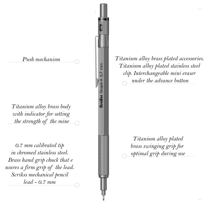 Scrikss 07mm Mechanical Clutch Lead Pen Pencil Satin Grey Brass Body Push Mechanism GraphX Series Eraser Included - Image 2