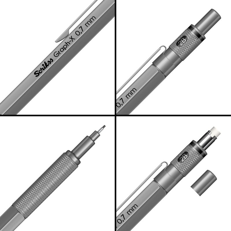 Scrikss 07mm Mechanical Clutch Lead Pen Pencil Satin Grey Brass Body Push Mechanism GraphX Series Eraser Included - Image 3