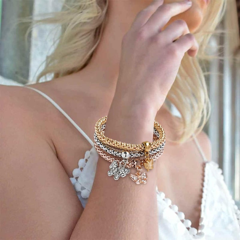 HANNEA® 3Pcs Bracelet for Women and Girls Stylish Butterfly Charm Bracelet Multilayer Stretch Metal Corn Chain Bracelet Friendship Bracelet Jewellery Gift for Women, Girls - Image 4