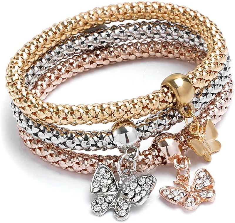 HANNEA® 3Pcs Bracelet for Women and Girls Stylish Butterfly Charm Bracelet Multilayer Stretch Metal Corn Chain Bracelet Friendship Bracelet Jewellery Gift for Women, Girls - Image 1