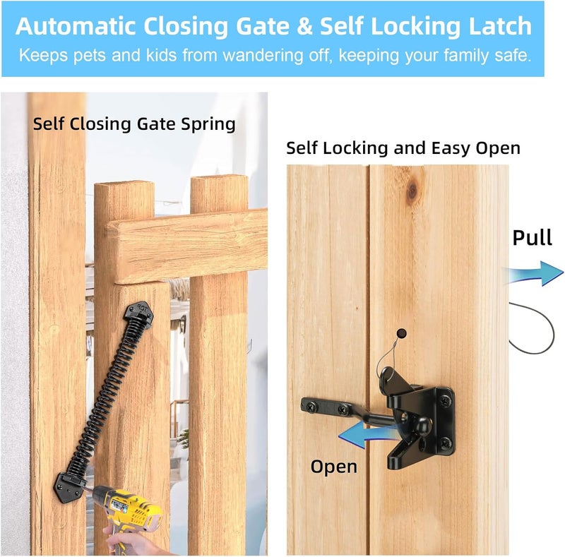 WEKIS Fence Gate Kit Gate Hardware, 1 Set Anti Sag Gate Kit Gate Frame Cornor Brackets Kit with Self Closing Gate Springs Hings Latchs for Outdoor Garden Backyard Wooden Fence Deck Porch Gate - Image 2