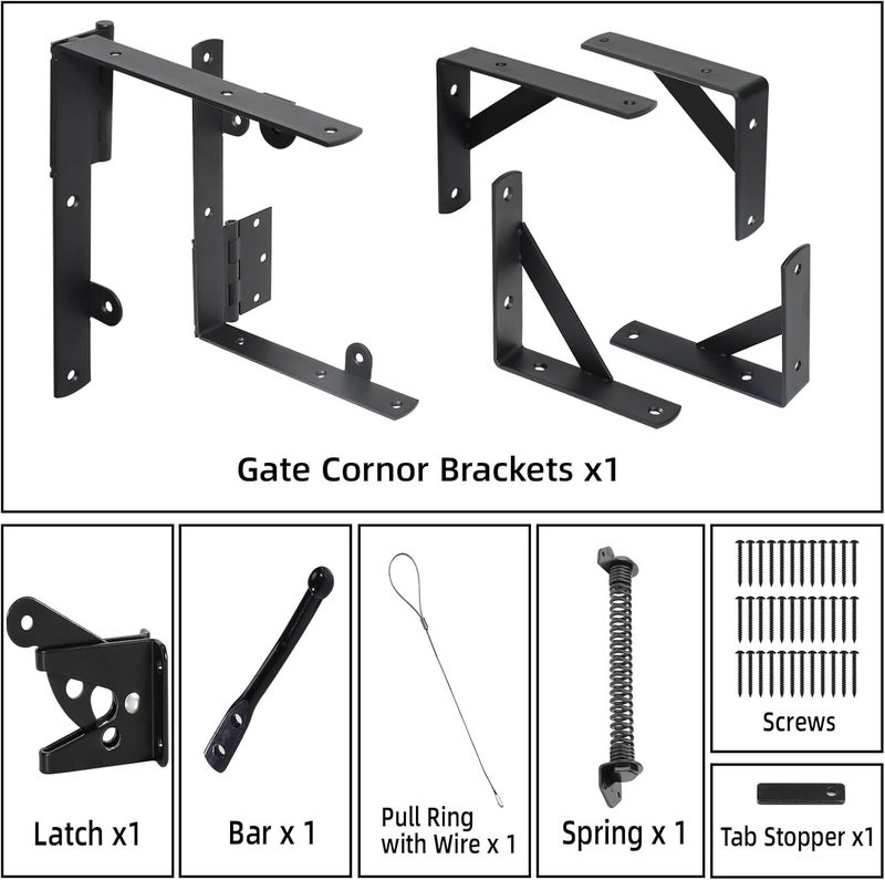 WEKIS Fence Gate Kit Gate Hardware, 1 Set Anti Sag Gate Kit Gate Frame Cornor Brackets Kit with Self Closing Gate Springs Hings Latchs for Outdoor Garden Backyard Wooden Fence Deck Porch Gate - Image 4