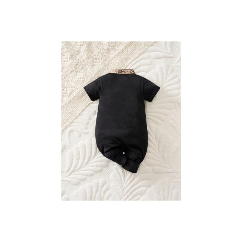 Boys' Eid al-Adha Traditional Romper, Black with Golden Geometric Pattern, Short Sleeve Button-Up Stand Collar, Summer Celebration Outfit - Image 2