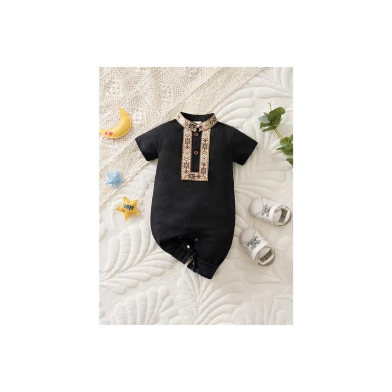 Boys' Eid al-Adha Traditional Romper, Black with Golden Geometric Pattern, Short Sleeve Button-Up Stand Collar, Summer Celebration Outfit - Image 3