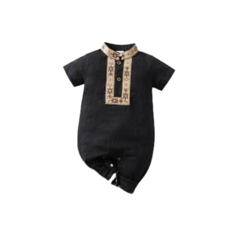 Boys' Eid al-Adha Traditional Romper, Black with Golden Geometric Pattern, Short Sleeve Button-Up Stand Collar, Summer Celebration Outfit - Image 1