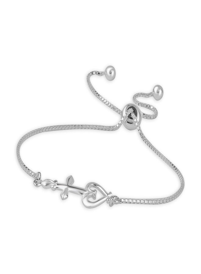 LeCalla Valentines Day Gifts for Her - Sterling Silver Jewelry Heart with Cross Adjustable Bolo Bracelet for Women Teen - Image 1