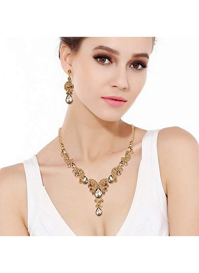 EVER FAITH Austrian Crystal Gorgeous Wedding Floral Wave Teardrop Necklace Earrings Set Brown Gold-Tone  - Image 3