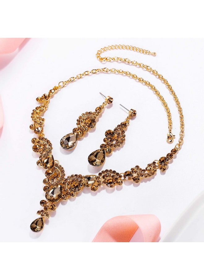 EVER FAITH Austrian Crystal Gorgeous Wedding Floral Wave Teardrop Necklace Earrings Set Brown Gold-Tone  - Image 4