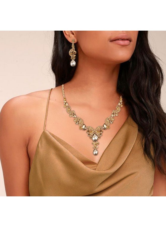 EVER FAITH Austrian Crystal Gorgeous Wedding Floral Wave Teardrop Necklace Earrings Set Brown Gold-Tone  - Image 2