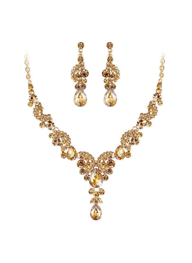EVER FAITH Austrian Crystal Gorgeous Wedding Floral Wave Teardrop Necklace Earrings Set Brown Gold-Tone  - Image 1